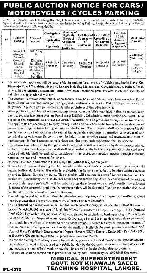 Govt Kot Khawaja Saeed Teaching Hospital Lahore Tender Notice